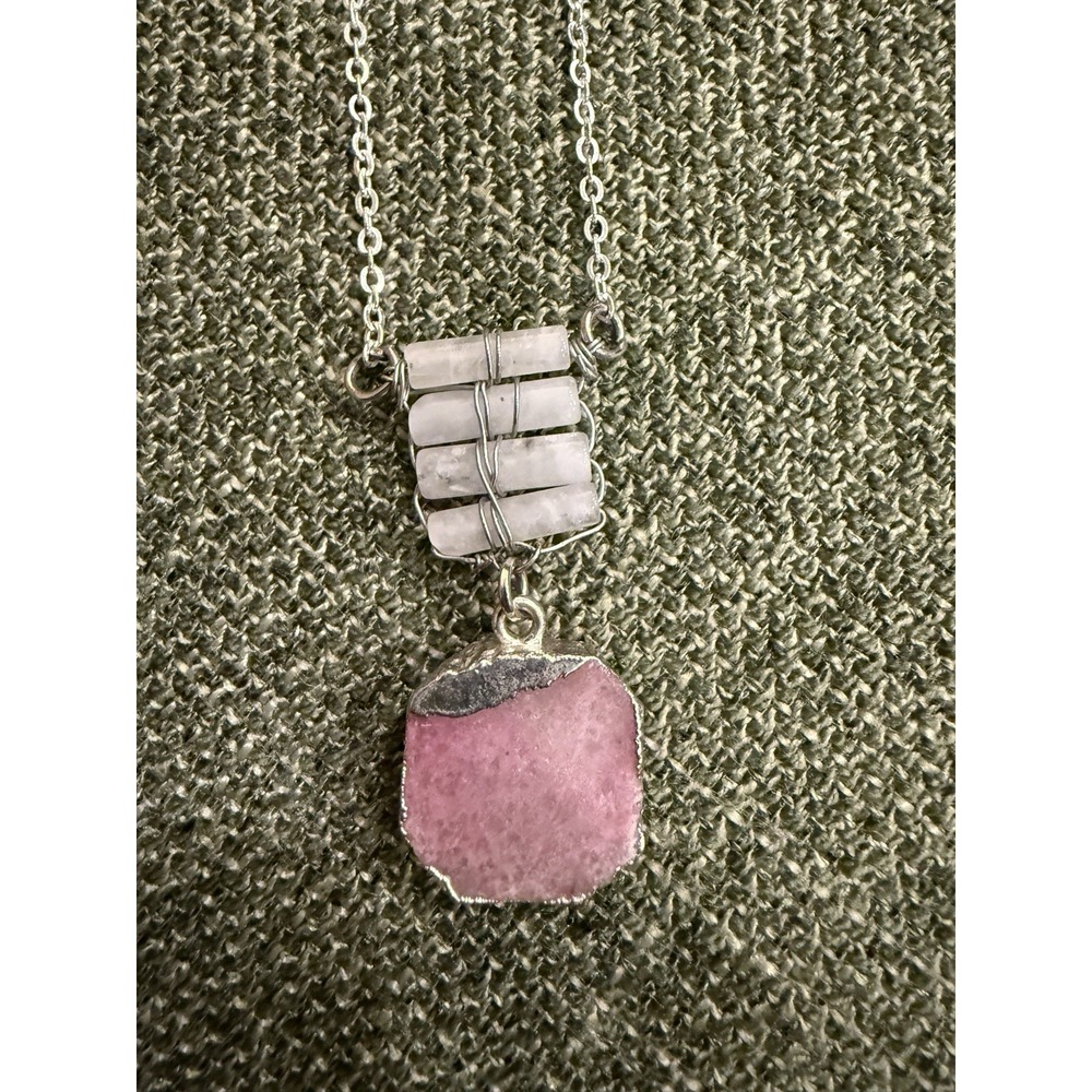 Handmade Rose Quartz Druzy Necklace | Wire Wrapped Quartz | Boho Crystal Pendant - Picture 4 of 7